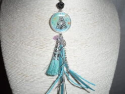 Collier Cabochon Sapin De Noël Avec Pendants Et Pompon Turquoise