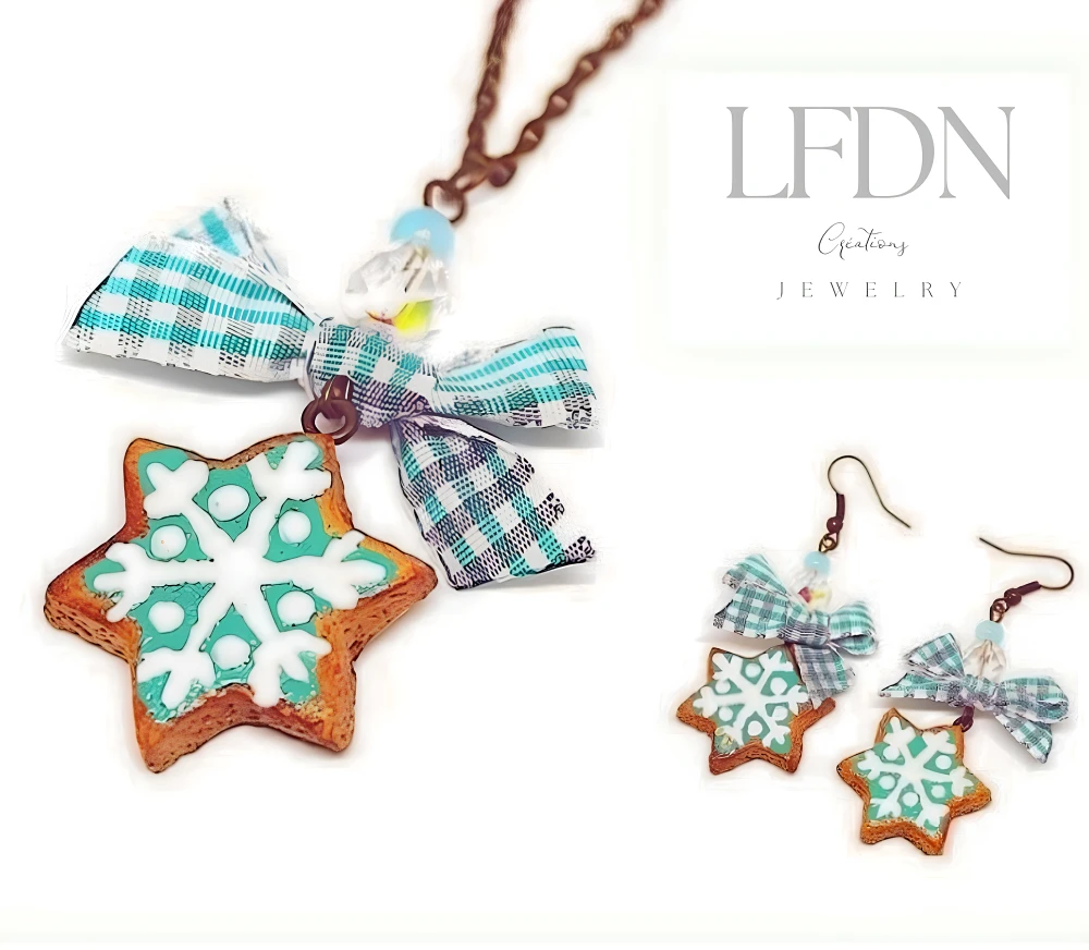 Collier Biscuit Noël En Fimo, Boucles D'oreille Flocon, Bijoux Noël, Bijoux Gourmands 2 Collier Biscuit Noël En Fimo, Boucles D'oreille Flocon, Bijoux Noël, Bijoux Gourmands – Image 2