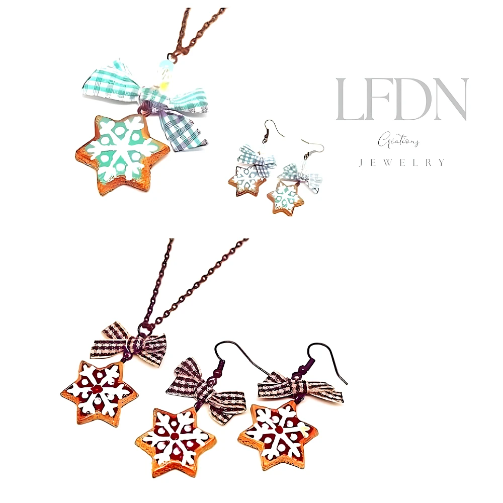 Collier Biscuit Noël En Fimo, Boucles D'oreille Flocon, Bijoux Noël, Bijoux Gourmands 1 Collier Biscuit Noël En Fimo, Boucles D'oreille Flocon, Bijoux Noël, Bijoux Gourmands