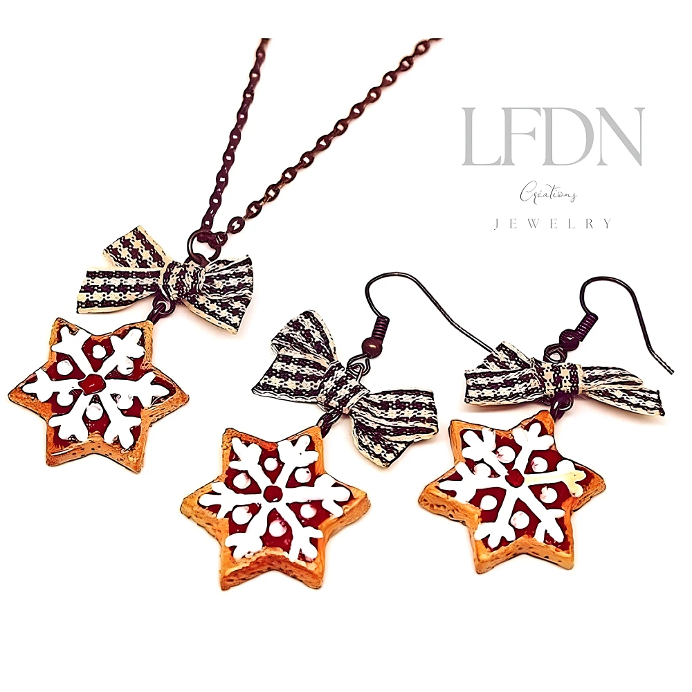 Collier Biscuit Noël En Fimo, Boucles D'oreille Flocon, Bijoux Noël, Bijoux Gourmands 3 Collier Biscuit Noël En Fimo, Boucles D'oreille Flocon, Bijoux Noël, Bijoux Gourmands – Image 3