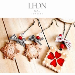 Collier Biscuit Coeur Alsacien, Boucles D'oreille Biscuits étoiles En Fimo, Bijoux Gourmands Noël