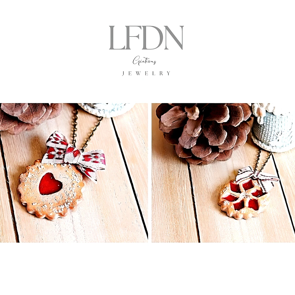 Collier Biscuit Linzer En Fimo, Pendentif Biscuit De Noël, Collier Coeur, Bijoux Gourmands 1 Collier Biscuit Linzer En Fimo, Pendentif Biscuit De Noël, Collier Coeur, Bijoux Gourmands