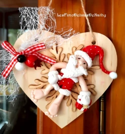 Plaque De Porte Coeur En Bois à Suspendre Noël, Père Noël En Fimo, Idée Cadeau