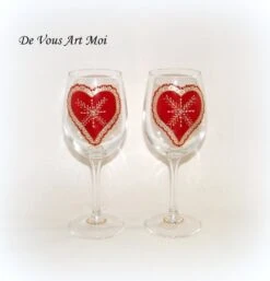 Verre De Noël Peint Main,duo De Verre à Vin,motif Coeur Rouge,fait Main