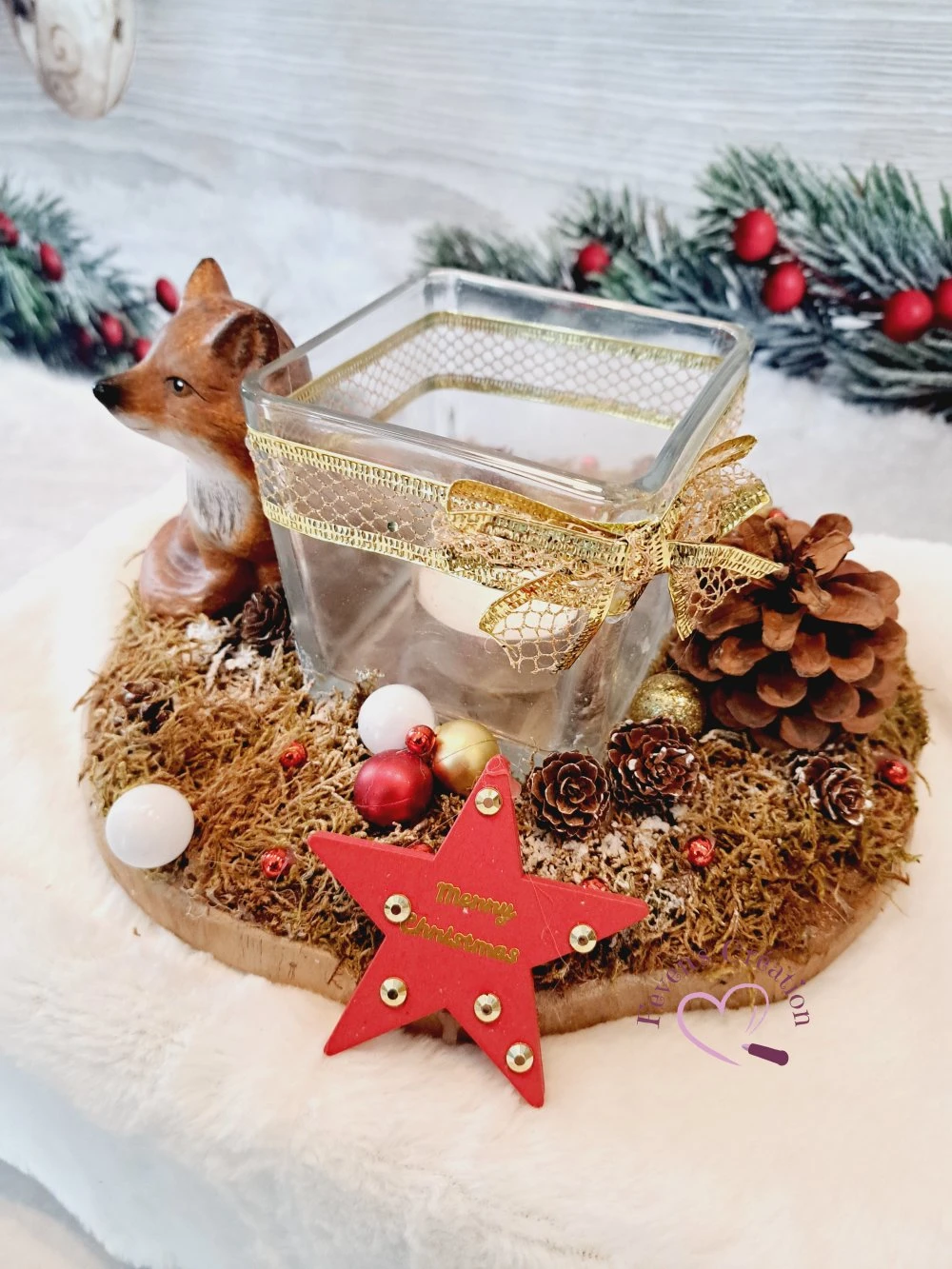 Centre De Table Noël - Jour De L'an / Décoration De Table Ou Autre Avec Bougeoir Et Renard 3 Centre De Table Noël - Jour De L'an / Décoration De Table Ou Autre Avec Bougeoir Et Renard – Image 3