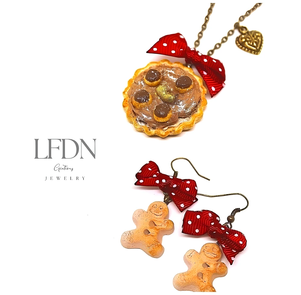 Collier Tarte Chocolat Noël En Fimo, Boucles D'oreille Biscuit Noël, Bijoux Gingerbread Fimo, Bijoux Gourmands 1 Collier Tarte Chocolat Noël En Fimo, Boucles D'oreille Biscuit Noël, Bijoux Gingerbread Fimo, Bijoux Gourmands