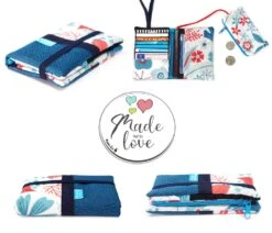 Portefeuille Similicuir Turquoise Tissu Fleurs, Porte Cartes Cuir, Portefeuille Passeport, Cadeau Femme Noël