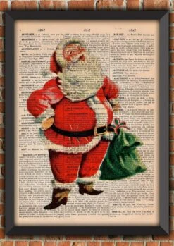 Père Noël Couronne Gui Hotte Rennes Lutin Retro Vintage Art Print Décoration Murale Cadeau Poster Original Dictionnaire Page Impression