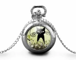 Montre à Gousset, Sautoir Illustré -le Chat Dans Le Pré-, Cadeau De Noël Femme - Anniversaire Femme - Saint Valentin - Argent (ref.70-1a)