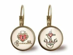 Boucles D'oreilles Cabochon -cupcakes Tatoués-, Cadeau De Noël Femme - Anniversaire Femme - Saint Valentin - Bronze (ref.93)