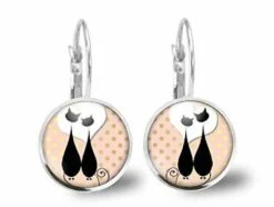 Boucles D'oreilles Chat Cabochon -chats Amoureux- Cadeau De Noël Femme - Anniversaire Femme - Saint Valentin - Argent Antique (ref.19a)