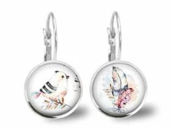 Boucles D'oreilles Cabochon -plumes De Pastel-, Cadeau De Noël Femme - Anniversaire Femme - Saint Valentin - Argent Antique (ref.67a)