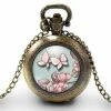 Montre à Gousset, Sautoir Illustré, Papillon -papillon Rose- Cadeau De Noël Femme - Anniversaire Femme - Saint Valentin - Bronze (ref.44)