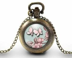 Montre à Gousset, Sautoir Illustré, Papillon -papillon Rose- Cadeau De Noël Femme - Anniversaire Femme - Saint Valentin - Bronze (ref.44)
