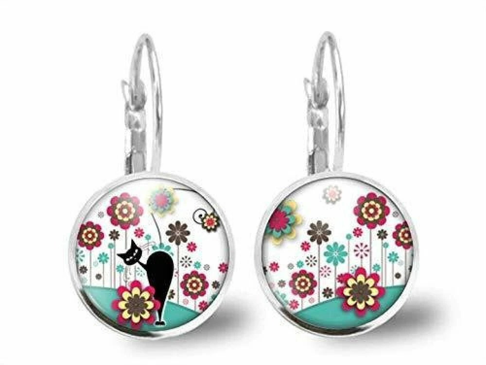 Boucles D'oreilles Chat Cabochon, Fleur -le Chat Dans Le Pré- Femme, Cadeau De Noël - Anniversaire Femme - Argent Antique (ref.30a) 1 Boucles D'oreilles Chat Cabochon, Fleur -le Chat Dans Le Pré- Femme, Cadeau De Noël - Anniversaire Femme - Argent Antique (ref.30a)