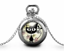 Montre à Gousset, Sautoir Illustré -le Chat Du Printemps-,femme, Cadeau De Noël - Anniversaire Femme - Saint Valentin - Argent (ref.71a) Fbm