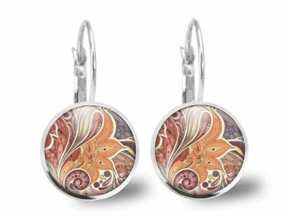 Boucles D'oreilles Fleur Cabochon -fleurs De Cachemire- Cadeau De Noël Femme - Anniversaire Femme -saint Valentin-argent Antique-antiquité 2 Boucles D'oreilles Fleur Cabochon -fleurs De Cachemire- Cadeau De Noël Femme - Anniversaire Femme -saint Valentin-argent Antique-antiquité – Image 2