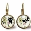 Boucles D'oreilles Cabochon -le Chat Du Printemps-, Cadeau De Noël Femme - Anniversaire Femme - Saint Valentin - Bronze (ref.71-1)
