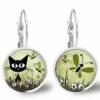 Boucles D'oreilles Cabochon -le Chat Dans Le Pré-, Cadeau De Noël Femme - Anniversaire Femme - Saint Valentin - Argent Antique (ref.70a)
