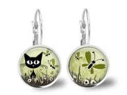 Boucles D'oreilles Cabochon -le Chat Dans Le Pré-, Cadeau De Noël Femme - Anniversaire Femme - Saint Valentin - Argent Antique (ref.70a)
