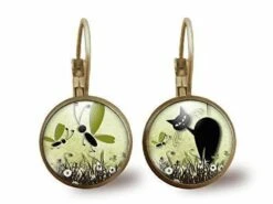 Boucles D'oreilles Cabochon -le Chat Dans Le Pré-, Cadeau De Noël Femme - Anniversaire Femme - Saint Valentin - Bronze (ref.70-2)
