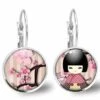 Boucles D'oreilles Cabochon, Kokeshi -kokeshi Rose- Cadeau De Noël Femme - Anniversaire Femme - Saint Valentin - Argent Antique (ref.38a)