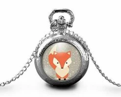 Montre à Gousset, Sautoir Illustré -renard-, Femme Cadeau De Noël - Anniversaire Femme - Saint Valentin - Argent (ref.96a)