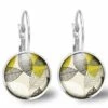 Boucles D'oreilles Feuille Cabochon -fleurs Jaunes Et Gris-femme, Cadeau De Noël-anniversaire Femme-saint Valentin-argent Antique(ref.23a)