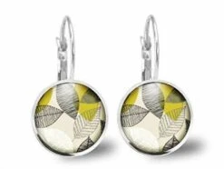 Boucles D'oreilles Feuille Cabochon -fleurs Jaunes Et Gris-femme, Cadeau De Noël-anniversaire Femme-saint Valentin-argent Antique(ref.23a)