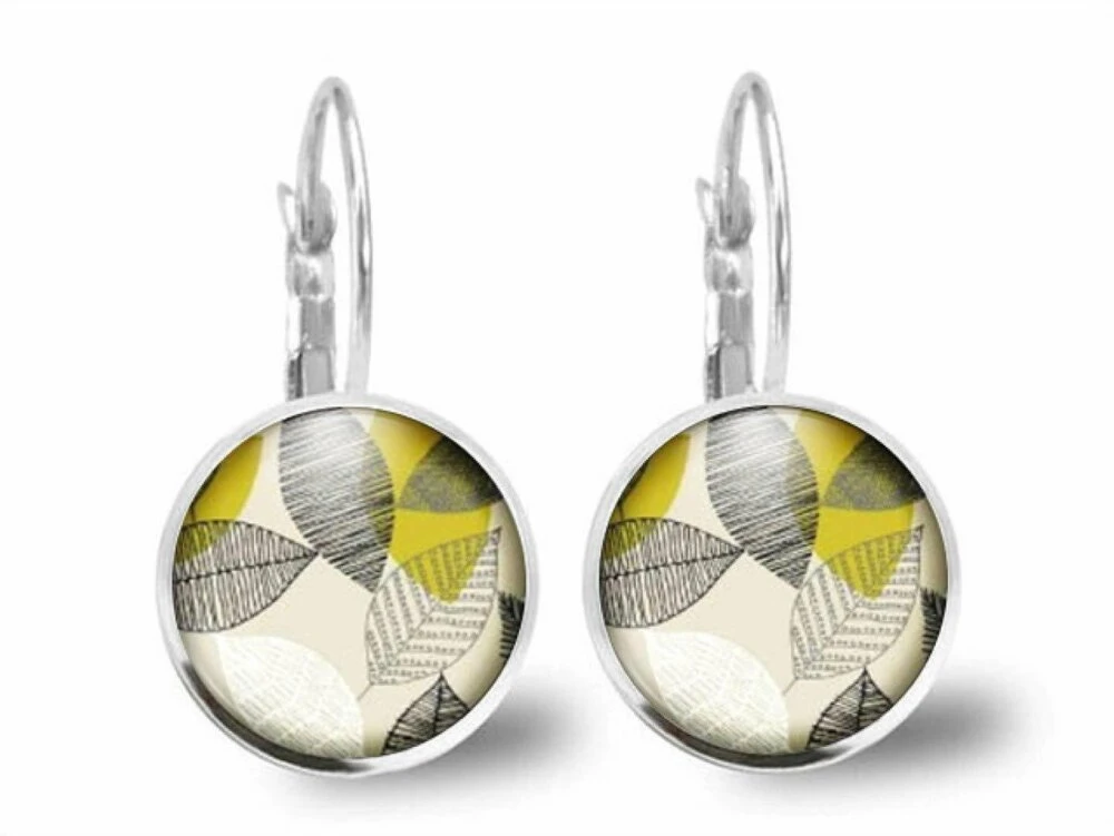 Boucles D'oreilles Feuille Cabochon -fleurs Jaunes Et Gris-femme, Cadeau De Noël-anniversaire Femme-saint Valentin-argent Antique(ref.23a) 2 Boucles D'oreilles Feuille Cabochon -fleurs Jaunes Et Gris-femme, Cadeau De Noël-anniversaire Femme-saint Valentin-argent Antique(ref.23a) – Image 2