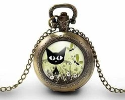 Montre à Gousset, Sautoir Illustré -le Chat Dans La Prairie-, Cadeau De Noël Femme - Anniversaire Femme - Saint Valentin - Bronze (ref.70)