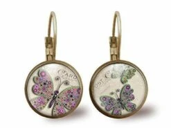 Boucles D'oreilles Cabochon Papillons -la Carte Postale-, Parure, Cadeau De Noël, Cadeau Femme,cadeau Saint Valentin,idée Cadeau,bronze(réf.