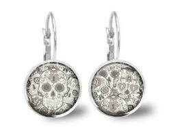 Boucles D'oreilles Cabochon -crâne Noir Et Blanc-, Cadeau De Noël Femme - Anniversaire Femme - Saint Valentin - Argent Antique (ref.62a)