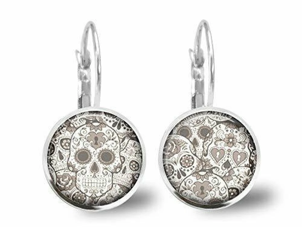 Boucles D'oreilles Cabochon -crâne Noir Et Blanc-, Cadeau De Noël Femme - Anniversaire Femme - Saint Valentin - Argent Antique (ref.62a) 1 Boucles D'oreilles Cabochon -crâne Noir Et Blanc-, Cadeau De Noël Femme - Anniversaire Femme - Saint Valentin - Argent Antique (ref.62a)
