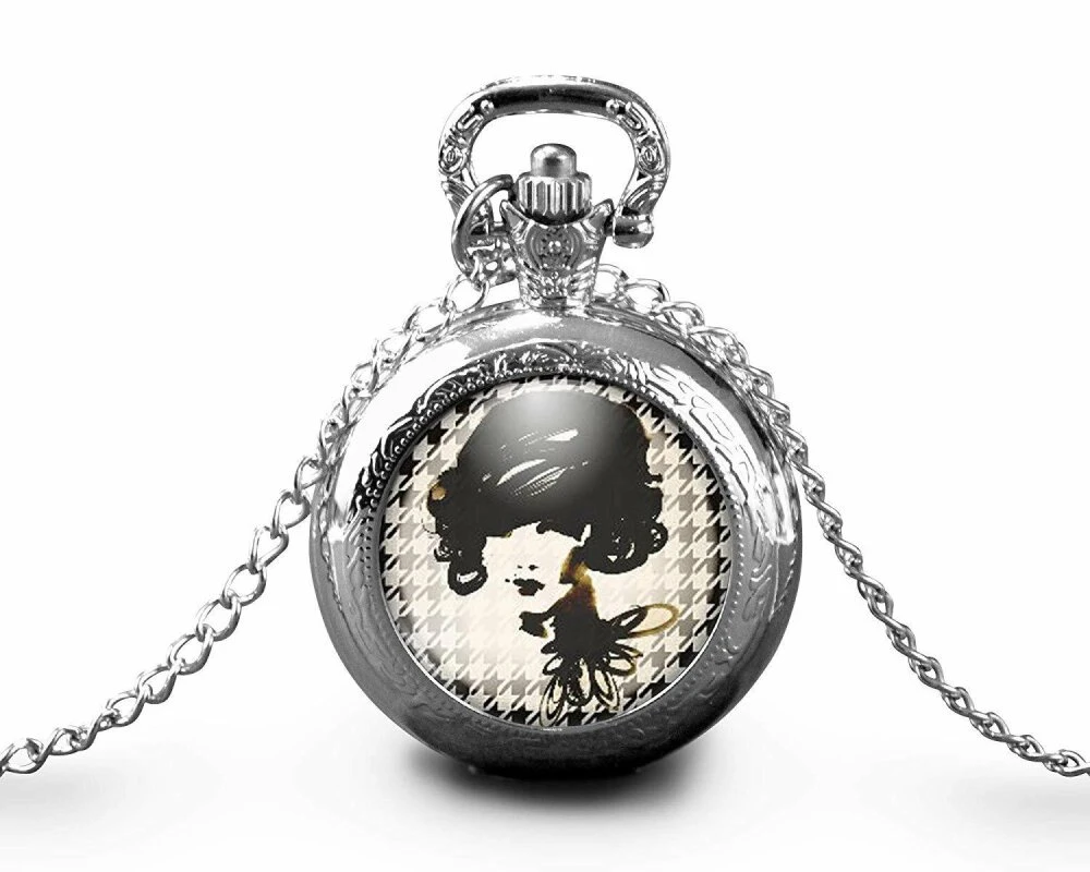 Montre à Gousset, Sautoir Illustré - Femme -haute Couture- Cadeau De Noël Femme - Anniversaire Femme - Saint Valentin - Argent (ref.10a) 2 Montre à Gousset, Sautoir Illustré - Femme -haute Couture- Cadeau De Noël Femme - Anniversaire Femme - Saint Valentin - Argent (ref.10a) – Image 2