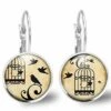 Boucles D'oreilles Cabochon, Oiseau, Cage -ouvrir La Cage- Cadeau De Noël Femme -anniversaire Femme-saint Valentin-argent Antique(ref.42a)