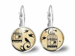 Boucles D'oreilles Cabochon, Oiseau, Cage -ouvrir La Cage- Cadeau De Noël Femme -anniversaire Femme-saint Valentin-argent Antique(ref.42a)
