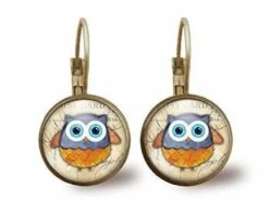 Boucles D'oreilles Cabochon -le Hibou Estampé-, Cadeau De Noël Femme - Anniversaire Femme - Saint Valentin - Bronze (ref.87)