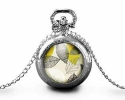 Montre à Gousset,sautoir Illustré-feuille-fleurs Jaunes Et Grises-cadeau De Noël Femme-anniversaire De Femme-saint Valentin-argent(ref.23a)