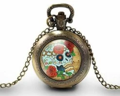 Montre à Gousset, Sautoir Illustré -crùne Fleuri-, Femme Cadeau De Noël - Femme Anniversaire - Saint Valentin - Bronze (ref.54)