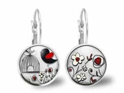 Boucles D'oreilles Cabochon Oiseau, Cage -l'oiseau Noir Et Rouge- Cadeau De Noël Femme - Anniversaire Femme - Argent Antique (ref.51a)