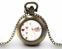 Montre à Gousset, Sautoir Illustré Collier Oiseau -l'oiseau-, Cadeau De Noël Femme - Anniversaire Femme - Saint Valentin - Bronze (ref.84)