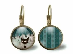 Boucles D'oreilles Cabochon -le Chat Au Parapluie- Cadeau De Noël Femme - Saint Valentin - Cadeau D'anniversaire (ref.2) Fbm