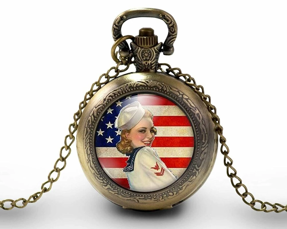 Montre à Gousset, Sautoir Illustré -usa-, Cadeau De Noël Femme - Anniversaire De Femme - Saint Valentin - Bronze (ref.97) 1 Montre à Gousset, Sautoir Illustré -usa-, Cadeau De Noël Femme - Anniversaire De Femme - Saint Valentin - Bronze (ref.97)