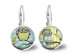 Boucles D'oreilles Cabochon, Hibou -chouette-, Cadeau De Noël Femme - Anniversaire Femme - Saint Valentin - Argent Antique (ref.79a)