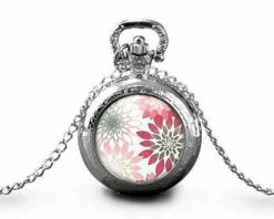 Montre à Gousset, Sautoir Illustré - Fleur -fleurs Roses- Cadeau De Noël Femme - Anniversaire De Femme - Saint Valentin - Argent (ref.9a)