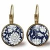 Boucles D'oreilles Cabochon, Fleurs Illustrées Boucles D'oreilles -fleurs Bleues-, Cadeau De Noël Femme - Saint Valentin - Bronze (ref.