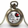 Montre à Gousset, Sautoir Illustré-oiseau,cage-l'oiseau Noir Et Rouge-cadeau De Noël Femme-anniversaire Femme-saint Valentin-bronze(ref.51)