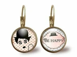Boucles D'oreilles Cabochon -charlie Chaplin-, Cadeau De Noël Femme - Anniversaire Femme - Saint Valentin - Bronze (ref.78)