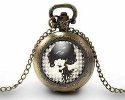 Montre à Gousset, Sautoir Illustré - Femme -haute Couture- Cadeau De Noël Femme - Anniversaire Femme - Saint Valentin - Bronze (ref.10)